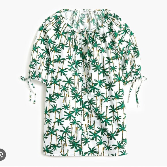 J. Crew Button-Front Top with Tie Sleeves Palm Tree Novelty Print Puff Sleeve S - Picture 1 of 6